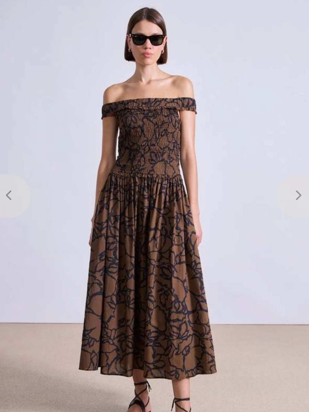 New Apiece Apart Britt Off-Shoulder Chocolate Brown Floral-Print Maxi Dress